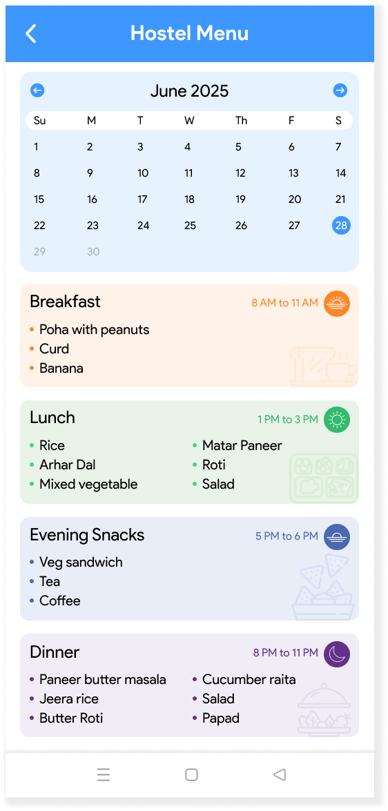 Hostel Menu
